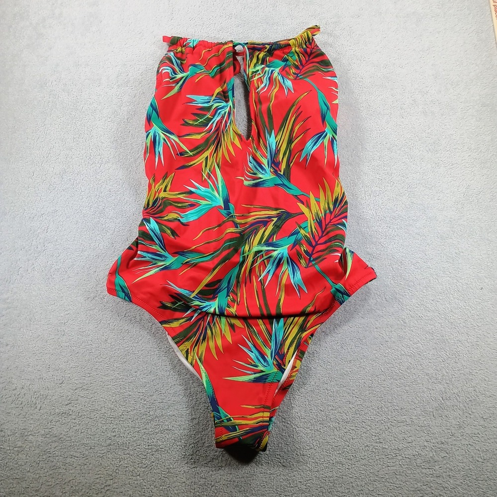 PINK Womens Tropical High Neck Keyhole One Piece Swimsuit Red‎ Large Floral